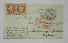 Paris France to England 1854 postal history cover with Scott #18 pair