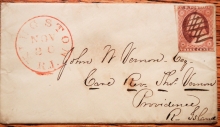 KINGSTON RHODE ISLAND 1852 COVER AND LETTER FROM AMOS WELLS TO JOHN VERNON, PROVIDENCE RI REGARDING HUNTING WITH MUSKETS - POSTAL-HISTORY