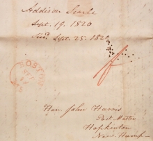 1820 STAMPLESS FOLDED LETTER EPISCOPALIAN MINISTER ADDISON SEARLE TO JOHN HARRIS, NEW HAMPSHIRE STATESMAN AND 1ST POSTMASTER OF HOPKINTON. 