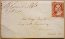 BELMONT MASSACHUSETTS 1850S MANUSCRIPT POSTMARK WITH SCOTT #25 COVER - POSTAL-HISTORY