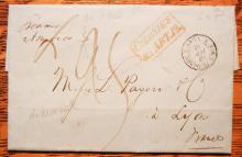 MARITIME POSTAL HISTORY - NEW YORK CITY 1849 STAMPLESS FOLDED LETTER TO LYON, FRANCE VIA STEAMER AMERICA.
