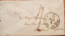 NEW YORK TO LONDON TRANSATLANTIC COVER WITH JANUARY 1, 1858 5 RATE POSTMARK NUMERAL 1 IS INVERTED - MARITIME-POSTAL-HISTORY