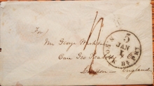 NEW YORK TO LONDON TRANSATLANTIC COVER WITH JANUARY 1, 1858 5 RATE POSTMARK NUMERAL 1 IS INVERTED - MARITIME-POSTAL-HISTORY