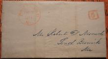 POSTAL HISTORY - PORTLAND MAINE 1846 STAMPLESS FOLDED LETTER WITH 5 IN BROKEN BOX