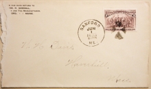 SANFORD MAINE 1893 COVER WITH WELL-CENTERED 2-CT COLUMBIAN SERIES STAMP - POSTAL-HISTORY