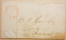VINCENNES INDIANA 1837 STAMPLESS FOLDED COVER RECEIPT TO INDIANAPOLIS BANK BRANCH - POSTAL HISTORY