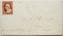 WALPOLE MAINE TO MIDDLEBORO MASSACHUSETTS 1850S COVER.  SCOTT #11A. CLARET STAMP -- POSTAL-HISTORY