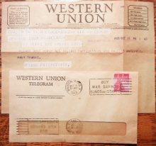 BOSTON MASSACHUSETTS -- 4 WESTERN UNION TELEGRAMS FROM OVERSEAS SOLDIER. PERFIN STAMPS + CONTENT - WORLD-WAR-II-POSTAL-HISTORY