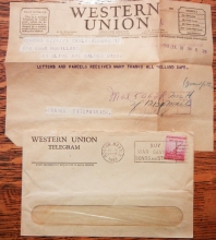 BOSTON MASSACHUSETTS -- 4 WESTERN UNION TELEGRAMS FROM OVERSEAS SOLDIER. PERFIN STAMPS + CONTENT - WORLD-WAR-II-POSTAL-HISTORY