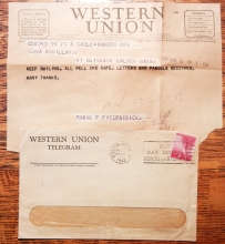 BOSTON MASSACHUSETTS -- 4 WESTERN UNION TELEGRAMS FROM OVERSEAS SOLDIER. PERFIN STAMPS + CONTENT - WORLD-WAR-II-POSTAL-HISTORY